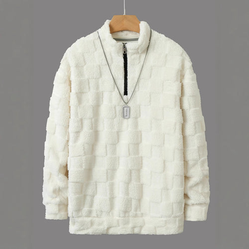 Herren karierter Sherpa-Halbzip-Pullover mit hohem Stehkragen und weicher Teddy-Fleece-Qualität – Cavarno