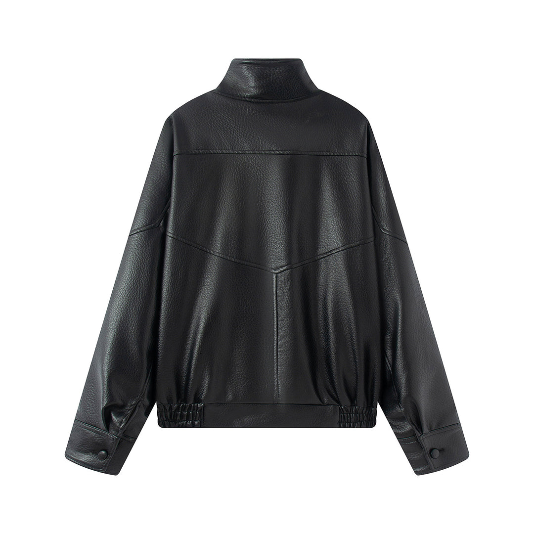 Damen asymmetrische Oversize Kunstlederjacke mit Stehkragen, Schulterklappen und Tunnelzugsaum – Célinea