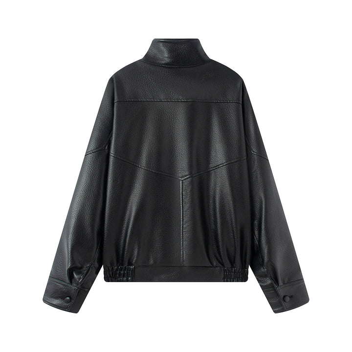Damen asymmetrische Oversize Kunstlederjacke mit Stehkragen, Schulterklappen und Tunnelzugsaum – Célinea