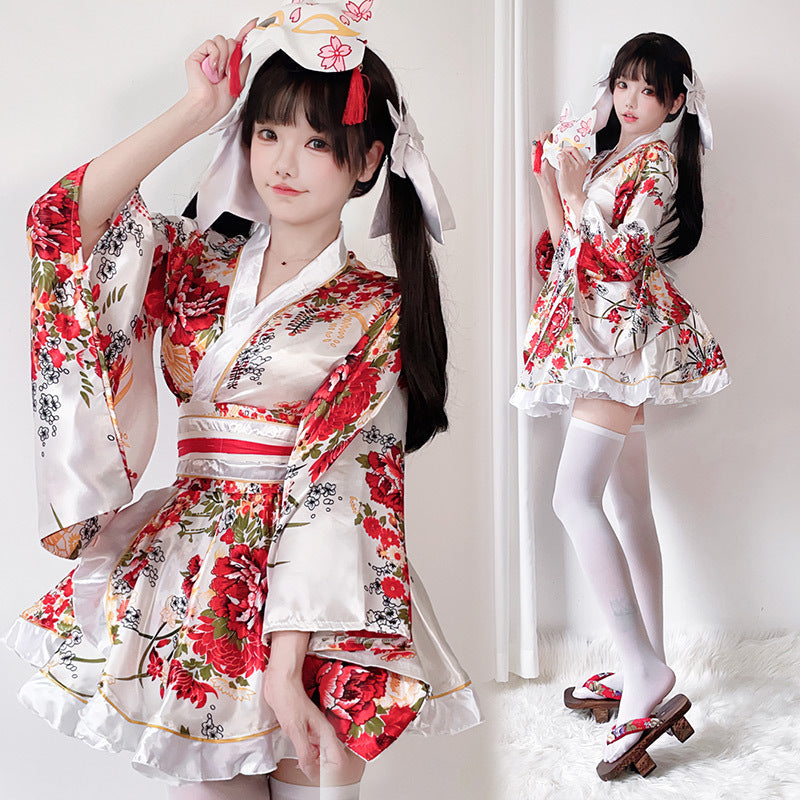 Damen traditionelles Kimono-Kleid mit fließendenÄrmeln und floralem Muster Echo Archiv
