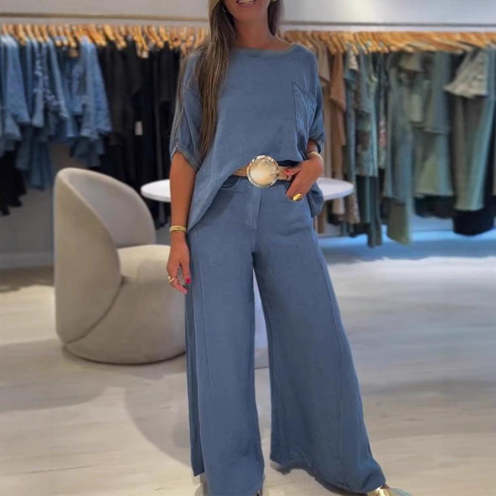 Damen nan Leinenmix-Zweiteiler mit kastigem Oversize-Shirt, Brusttasche und weiter Palazzohose Echo Archiv