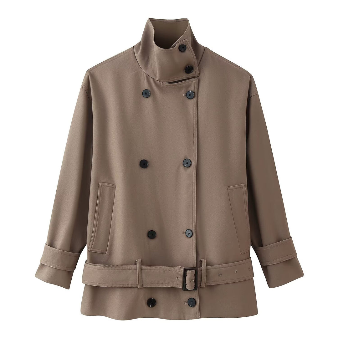 Damen Kurzer doppeltreihiger Trenchcoat mit Stehkragen und Taillengürtel Echo Archiv