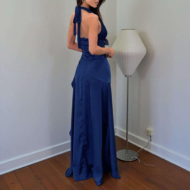 Damen schickes Maxi-Kleid mit tiefem V-Ausschnitt und fließendem Rüschenrock Echo Archiv