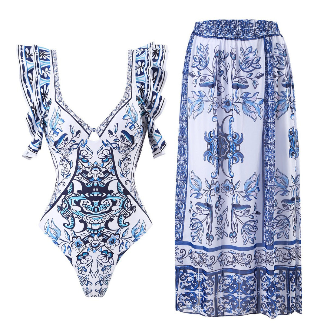 Damen Badeanzug-Set mit voluminösen Rüschendetails und elegantem Wickelrock Echo Archiv