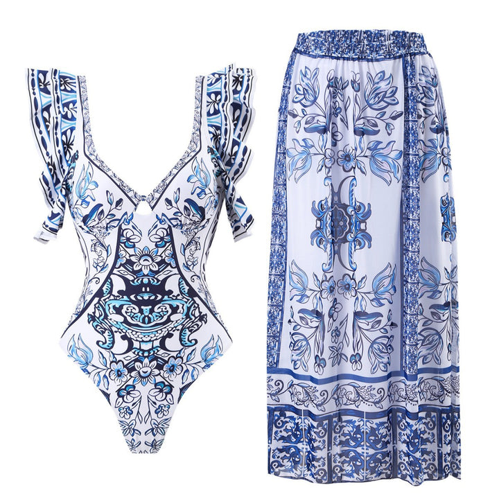 Damen Badeanzug-Set mit voluminösen Rüschendetails und elegantem Wickelrock Echo Archiv