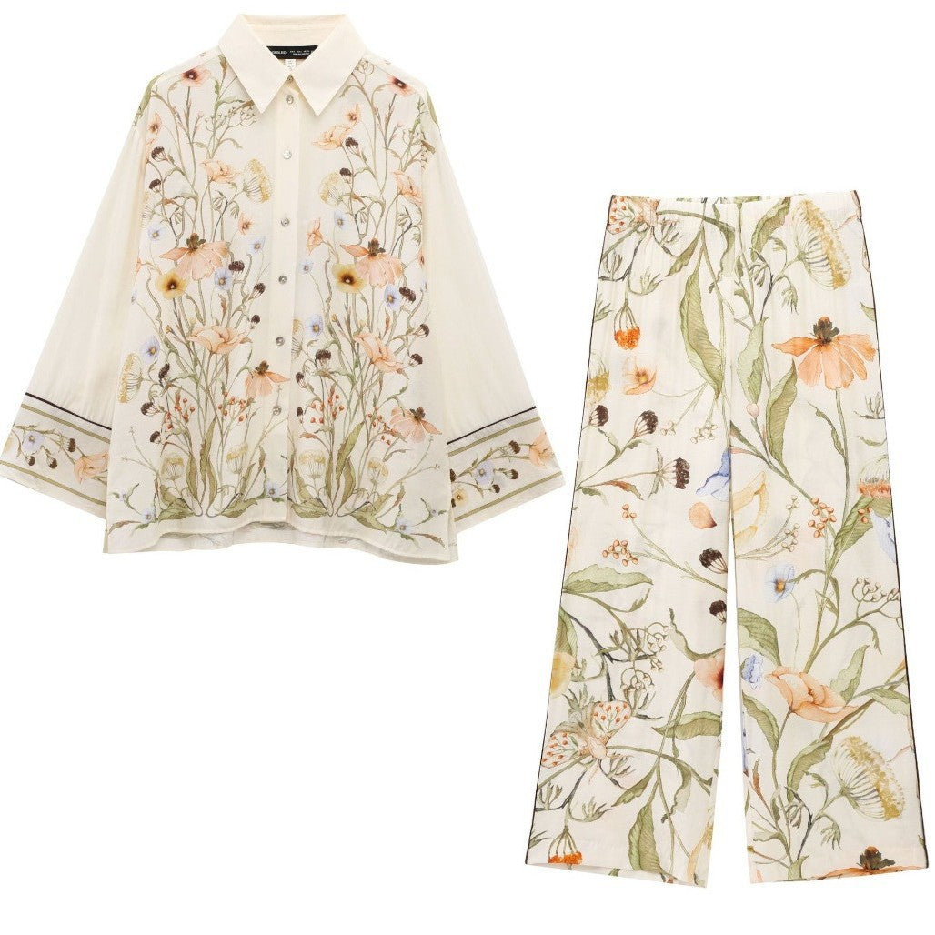 Damen nan weite Leinenhose mit hohem Bund, Palazzoschnitt und floraler Aquarell-Print Echo Archiv
