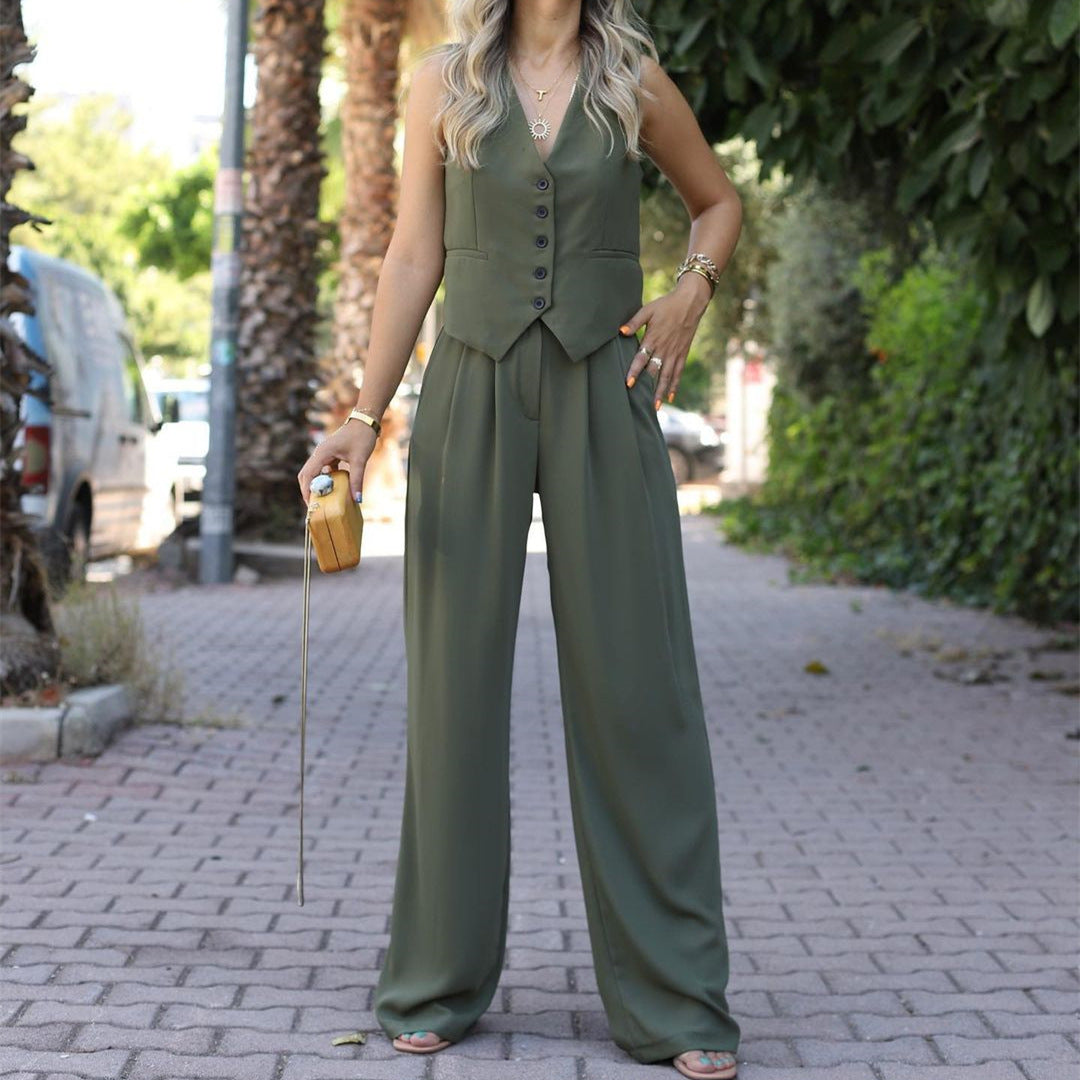 Damen Eleganter Zweiteiler mit taillierter Weste und weiter Palazzo-Hose – Célinea