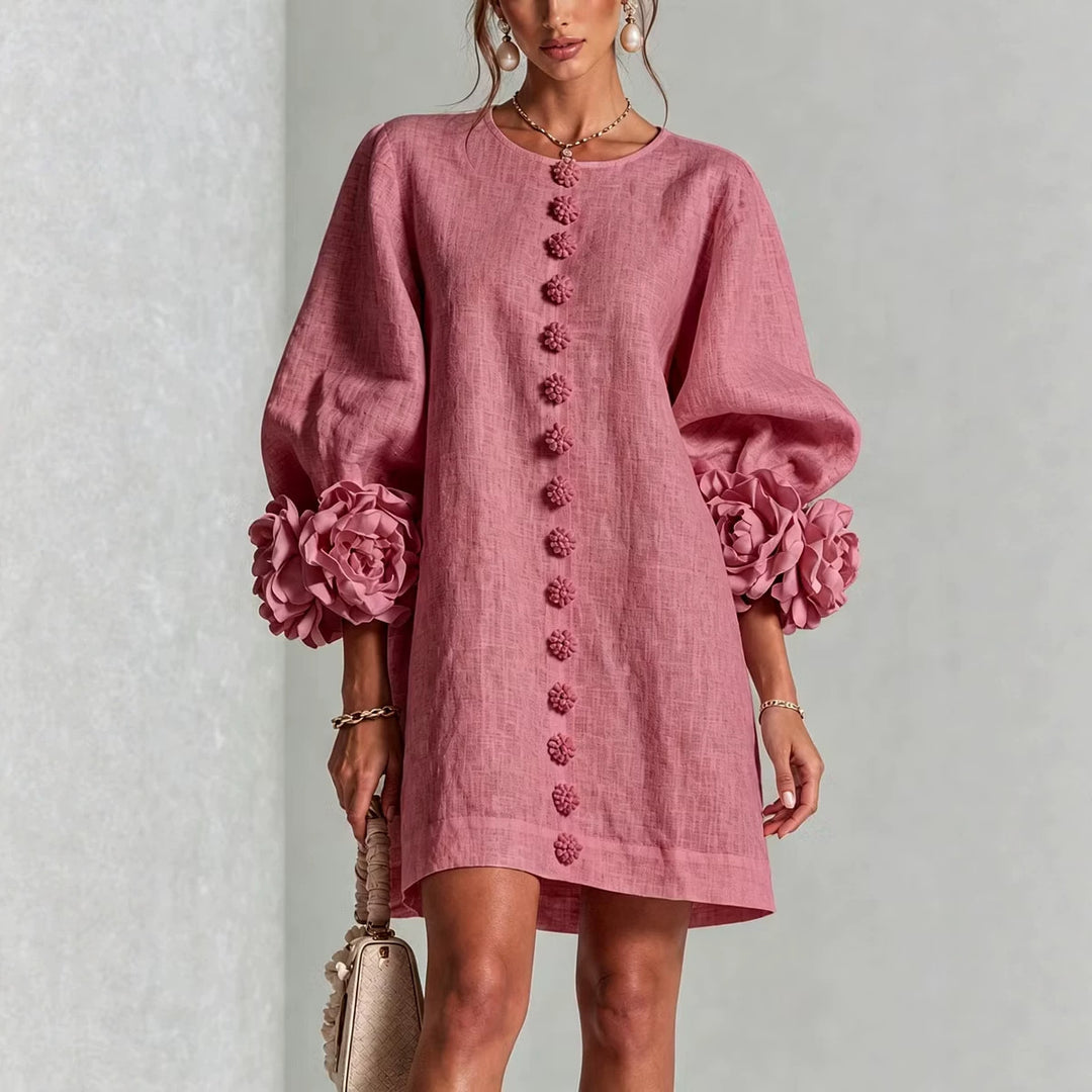Damen Leinenkleid im A‑Linien‑Schnitt mit Ballonärmeln und 3D‑Blütenverzierung Echo Archiv