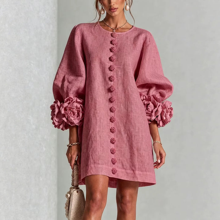 Damen Leinenkleid im A‑Linien‑Schnitt mit Ballonärmeln und 3D‑Blütenverzierung Echo Archiv