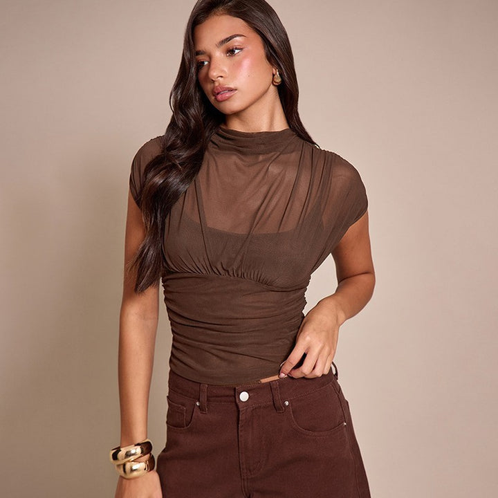 Damen elegantes Oberteil mit modischen Raffungen und transparentem Stoff Echo Archiv