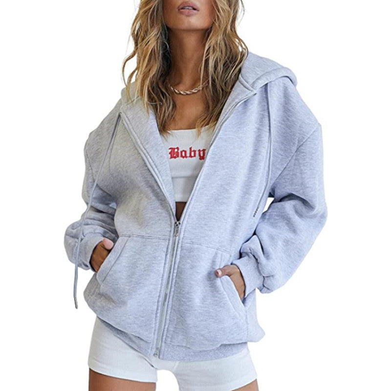Damen oversized Kapuzenjacke mit durchgehendem Reißverschluss Kängurutaschen und weichem Sweatmaterial – Auréline