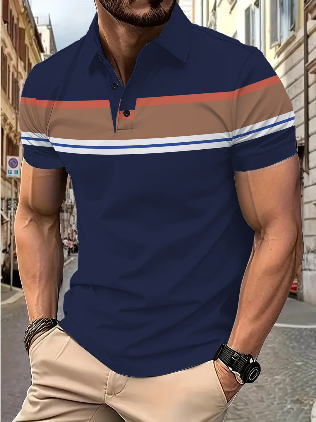 Herren Kurzarm Poloshirt mit modernen Blockstreifen Echoarchiv