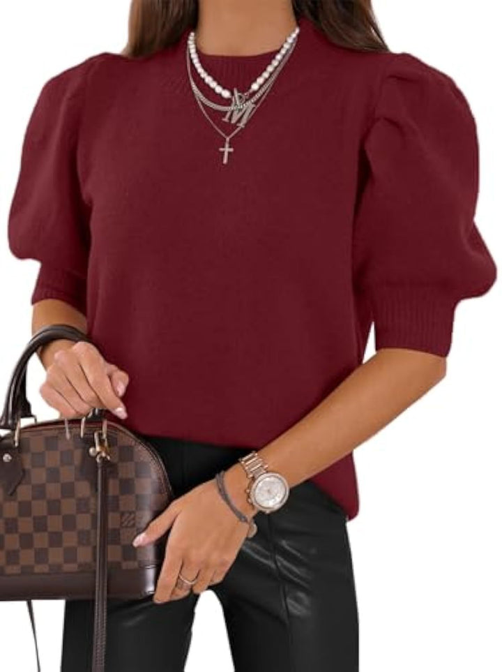 Damen Kurzgeschnitteter Feinstrickpullover mit Puffärmeln und Rippbündchen – Mavelle