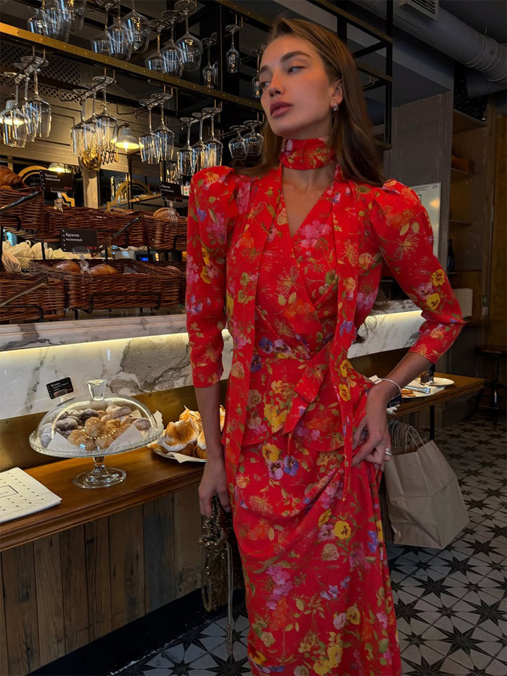 Damen Wickel-Maxikleid mit floralem Print, Puffärmeln und Schalkragen Echoarchiv