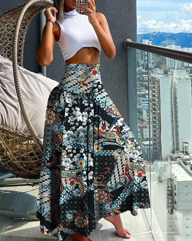 Damen Maxirock mit hohem Smockbund und weitem Boho-Print – Rosévia