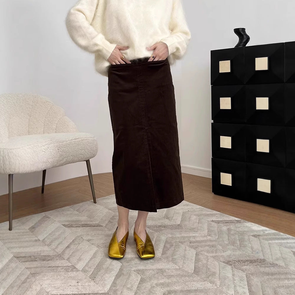 Damen Eleganter Cord Midi-Rock mit Schlitz Echoarchiv