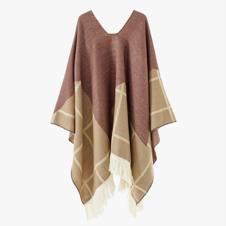 Damen Ornamentaler Jacquard‑Poncho mit V‑Ausschnitt und Fransensaum Echo Archiv