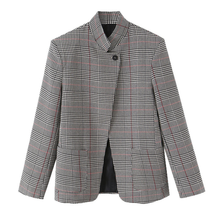 Damen Glencheck-Kurzblazer im Boxy-Schnitt mit Stehkragen und verdeckter Knopfleiste Echoarchiv