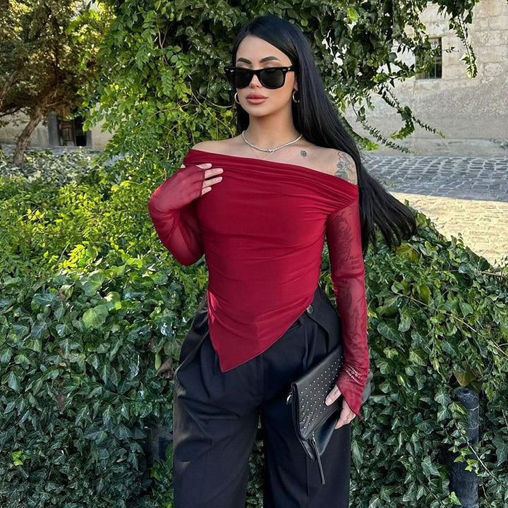 Damen elegantes Wickelshirt mit schulterfreiem Design und transparenten Ärmeln Echo Archiv