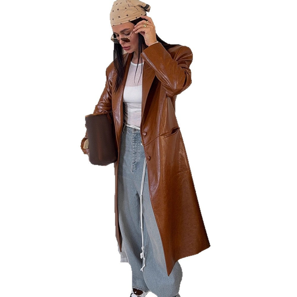 Damen Lang geschnittener Lackleder-Trenchcoat mit Reverskragen und kastiger Oversize-Passform Echoarchiv
