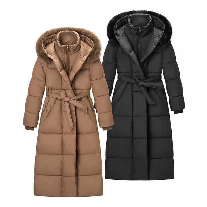 Damen nan lang geschnittener Thermosteppmantel mit separater Innenjacke, Kapuze und Bindegürtel Echo Archiv