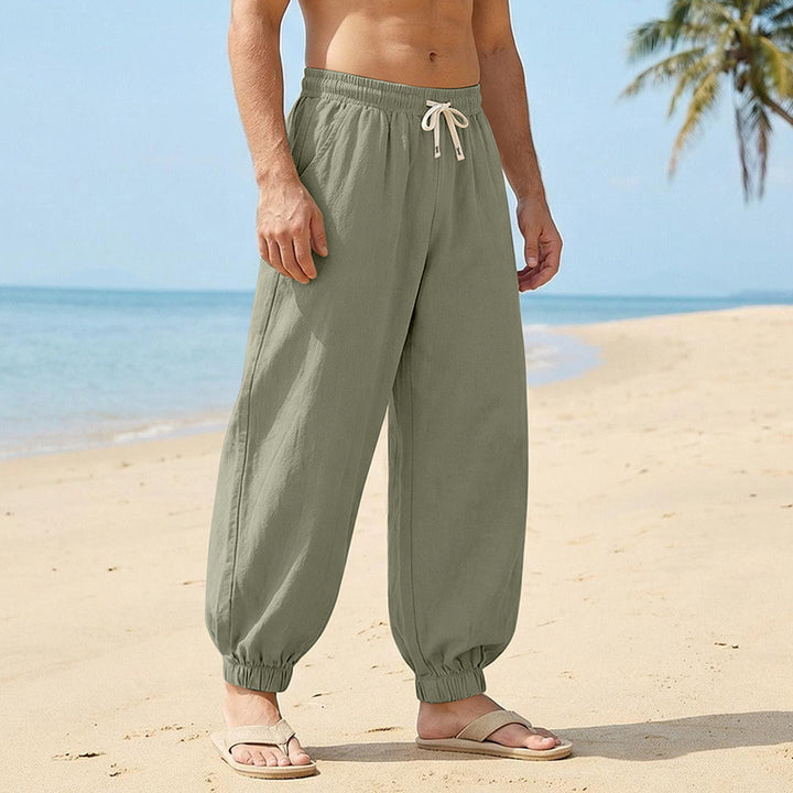 Herren Weite Leinenoptik-Strandhose mit Kordelzug, elastischem Bund und gerafften Beinabschlüssen – Sorevano