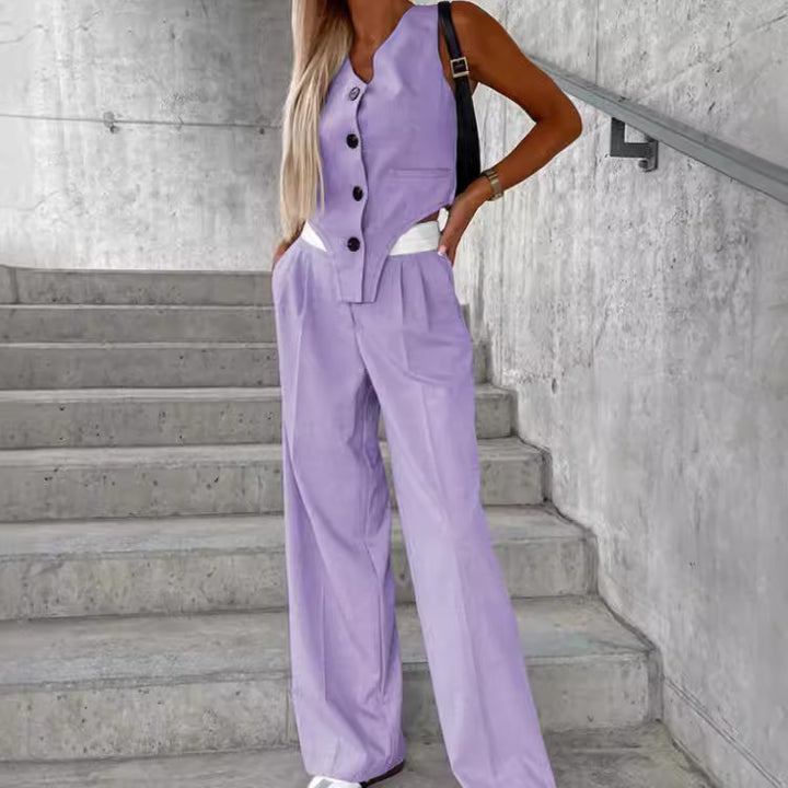 Damen Asymmetrisches Gilet- und Palazzohosen-Set mit Bundfalten und Eingrifftaschen – Avélisse