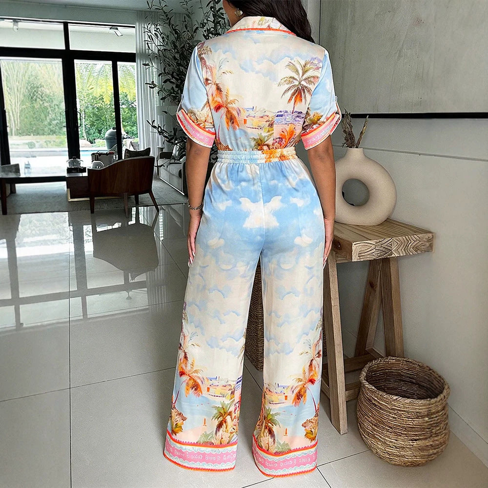 Damen Satin-Jumpsuit mit Hemdkragen, tiefem V-Ausschnitt und weitem Palazzobein – Solévia