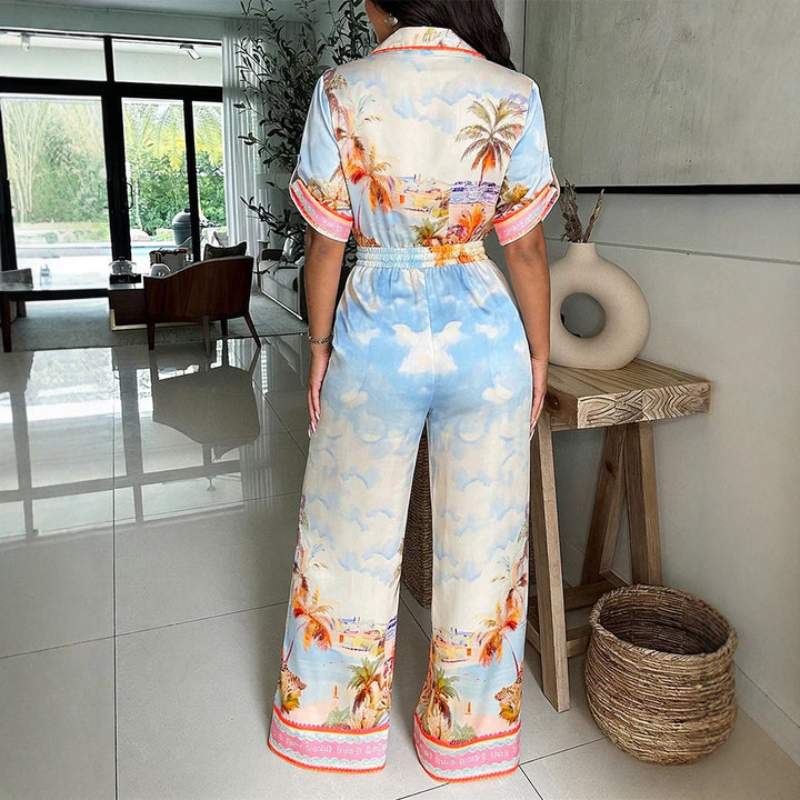Damen Satin-Jumpsuit mit Hemdkragen, tiefem V-Ausschnitt und weitem Palazzobein – Solévia
