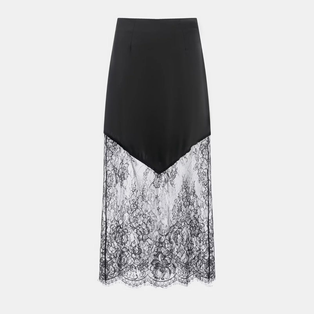 Damen nan Satinrock mit Spitzen-Overlay und asymmetrischem Zipfelsaum Echo Archiv
