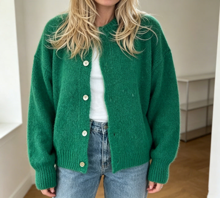 Damen Kuschelige Mohair-Optik Strickjacke mit Rundhals und Ballonärmeln – Veloura