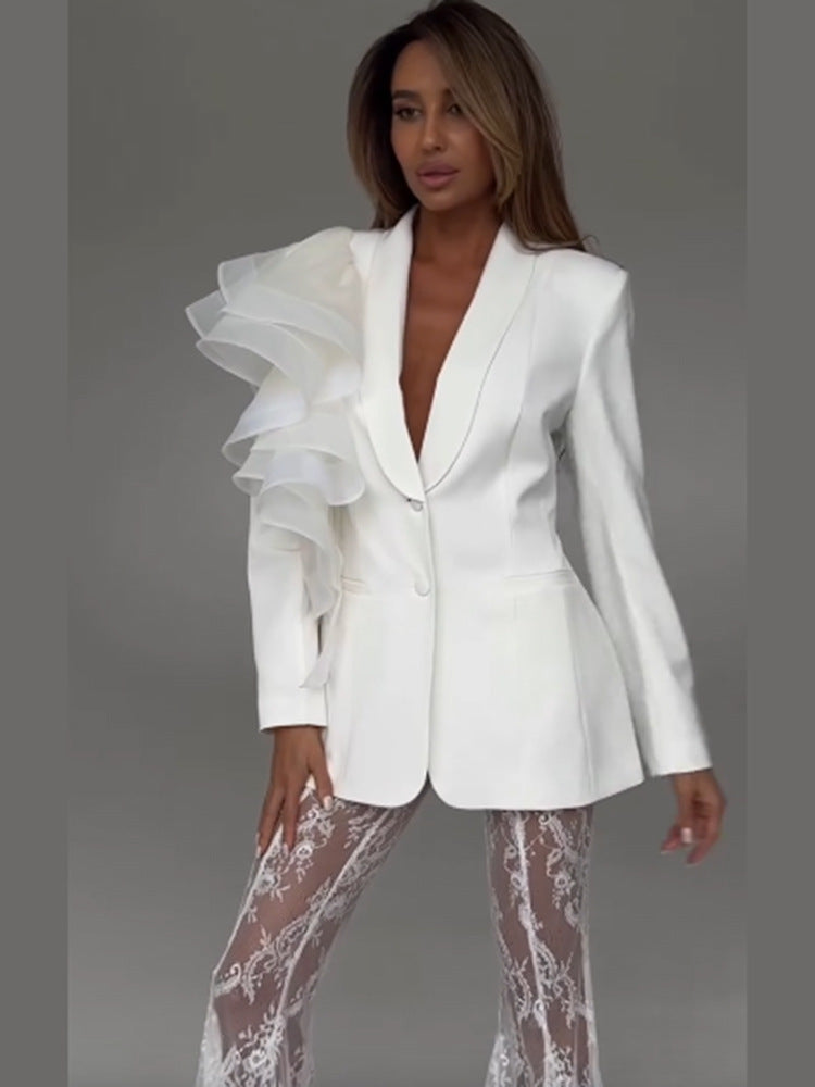 Damen taillierter Blazer mit asymmetrischer Organza-Rüsche Echoarchiv