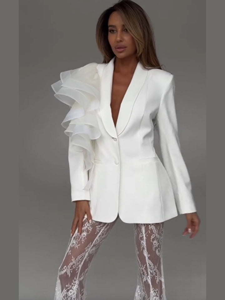 Damen taillierter Blazer mit asymmetrischer Organza-Rüsche Echoarchiv