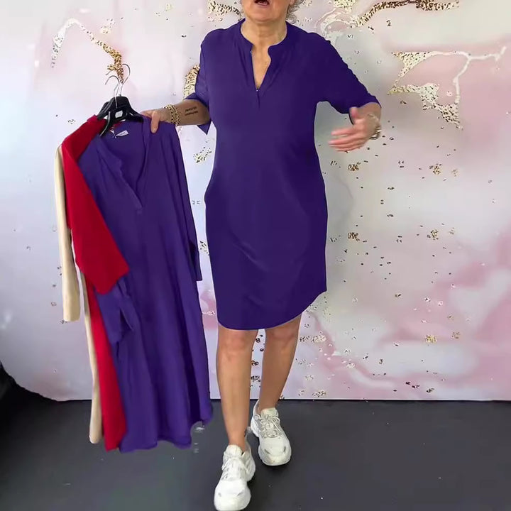 Damen nan legeres knielanges Shiftkleid aus elastischem Jersey mit Stehkragen und V-Ausschnitt Echo Archiv