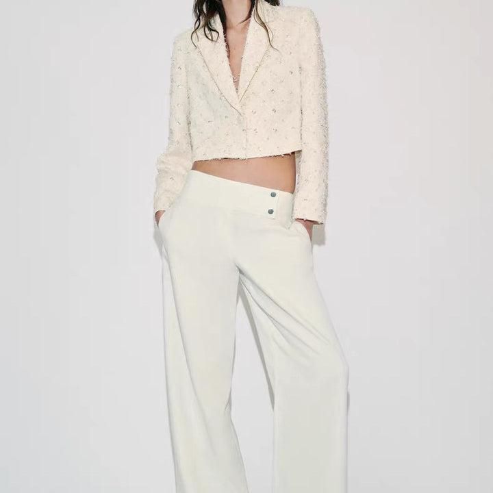 Damen Kurzer Bouclé-Blazer mit Paillettenbesatz und Reverskragen Echoarchiv