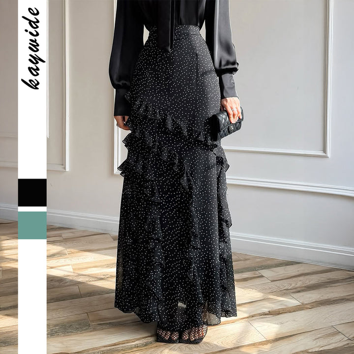 Damen nan Maxirock mit hohem Taillenbund, asymmetrischen Volants und fließender Chiffon‑Optik Echo Archiv