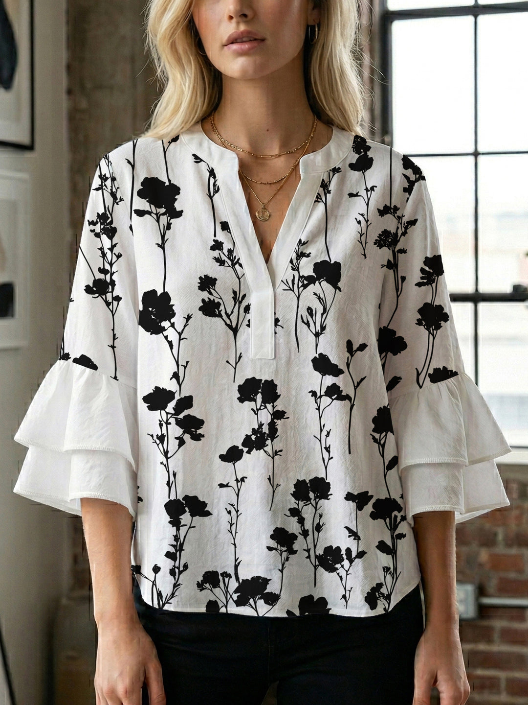 Damen lässige Bluse mit Volantärmeln und botanischem Druck Echo Archiv