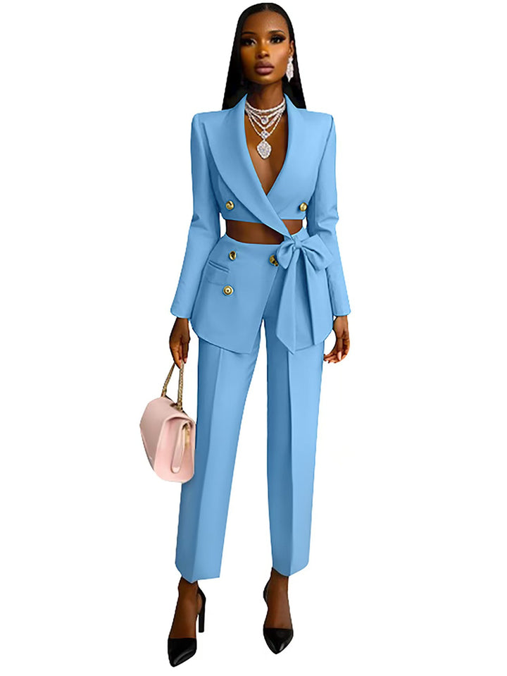 Damen Taillierter Crop-Blazer mit Zierschleife, Doppelreiher und Hochtaillierter Hose – Valéne