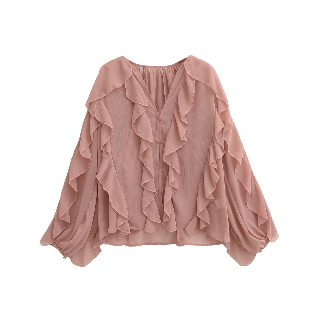 Damen Volant-Chiffonbluse mit Knopfleiste, gerafftem Ausschnitt und Ballonärmeln Echo Archiv
