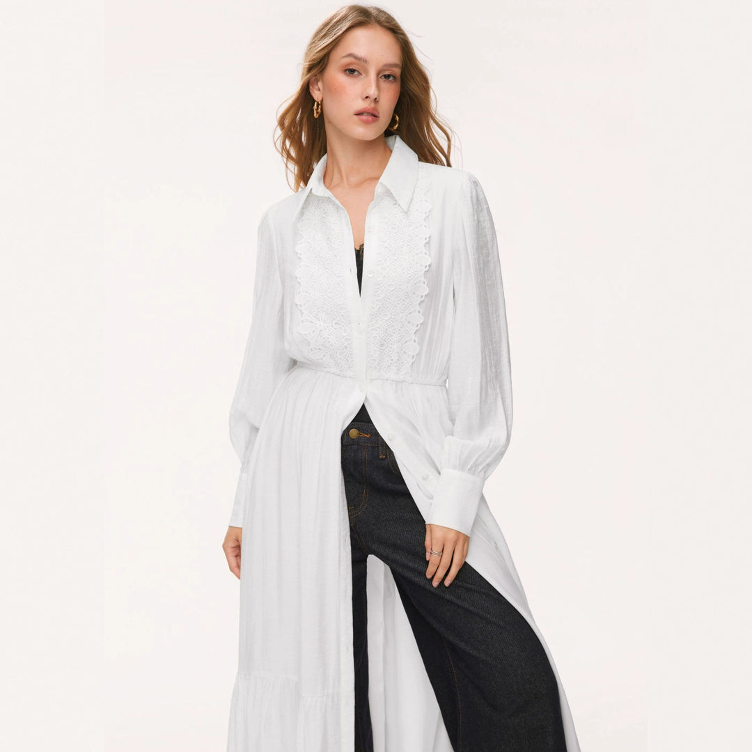 Damen Langes Hemdblusenkleid mit Spitzenbesatz, Taillierung und Stufenrock – Valéora