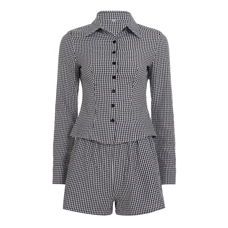 Damen nan zweiteiliges Vichy-Set aus taillierter Blusenjacke mit Wiener Nähten und Highwaist-Shorts Echo Archiv