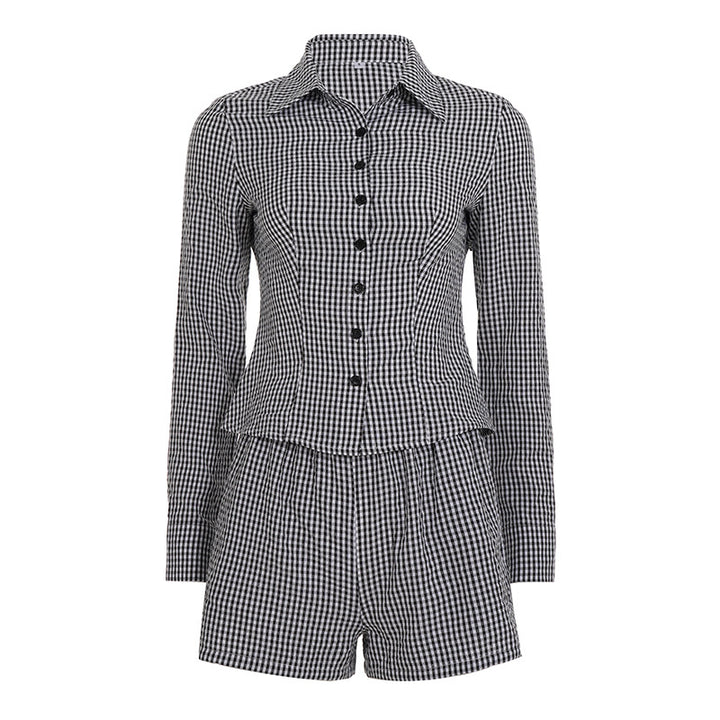 Damen nan zweiteiliges Vichy-Set aus taillierter Blusenjacke mit Wiener Nähten und Highwaist-Shorts Echo Archiv