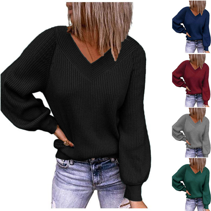 Damen Gerippter V‑Ausschnitt Pullover mit Ballonärmeln und lässiger Passform Echoarchiv