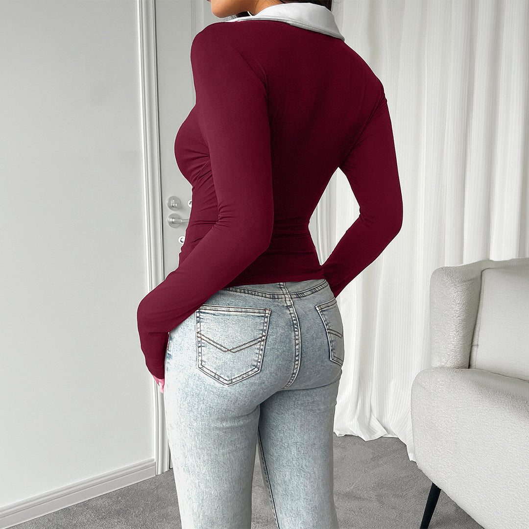 Damen tailliertes Longsleeve mit kontrastpolokragen und tiefem V-Ausschnitt – Avérine