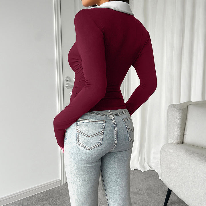 Damen tailliertes Longsleeve mit kontrastpolokragen und tiefem V-Ausschnitt – Avérine