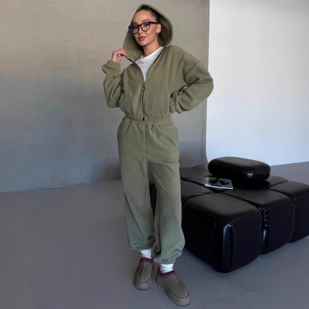 Damen kuscheliges Fleece-Hoodie und Jogginghose Lounge-Set mit Reißverschluss Kapuze elastischem Bund – Auréline
