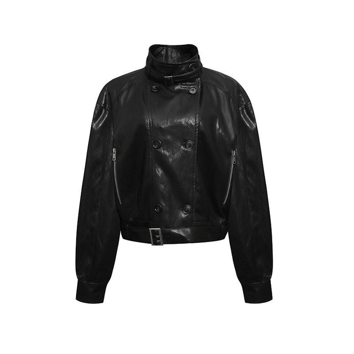 Damen kurze doppeltknöpfte Lederjacke mit Stehkragen und Taillengürtel Echoarchiv