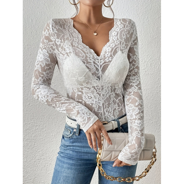 Damen Spitzen-Bodysuit mit tiefem V-Ausschnitt und transparenten Ärmeln Echo Archiv
