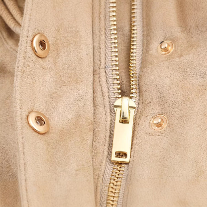 Damen Kurze Wildlederoptik-Jacke mit Stehkragen und Druckknopfleiste Echoarchiv