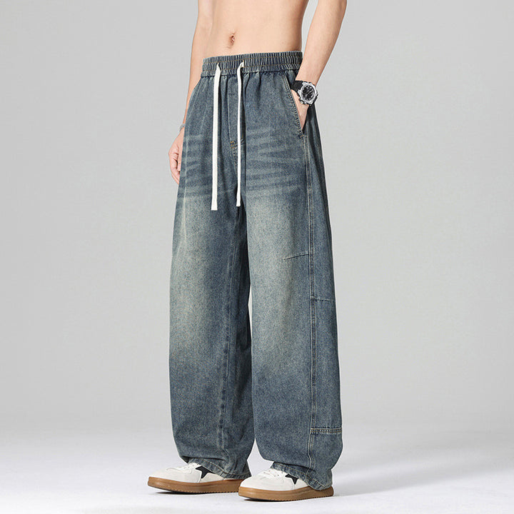 Herren Weitgeschnittene Denim-Hose mit hohem Bund und elastischem Bund